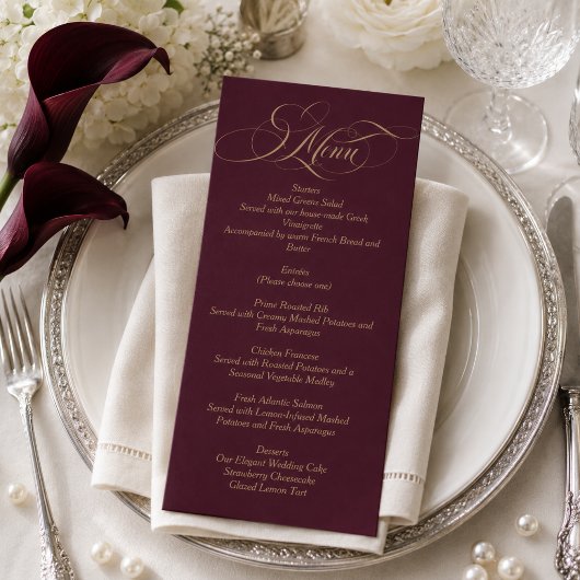 Wijnrood Eenvoudig Elegant Script Bruiloft Menu