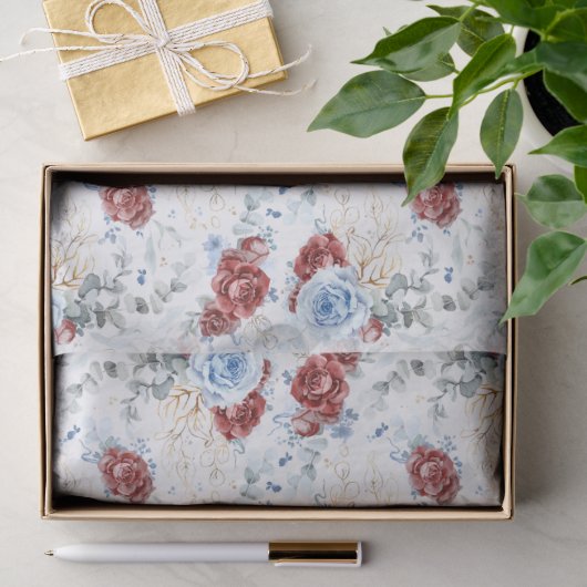 Wijnrood en Stofblauw Botanisch Bloemendesign Chic Tissuepapier (Geschenk)