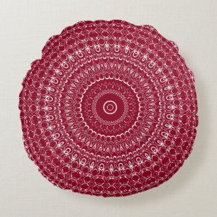 Wijnrood en Wit Ingewikkeld Mandala Patroon Rond Kussen