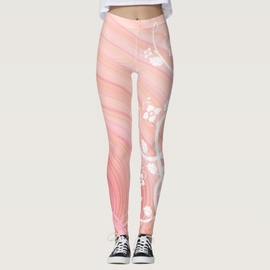 Wijnstok & Bloem Scroll Over Perzik en Roze Spiraa Leggings (Voorkant)