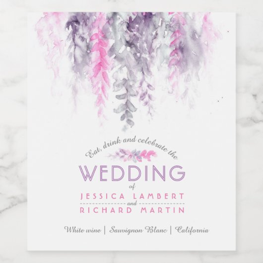 Wijnstok bloemige waterverf indigopaars roze bruil wijn etiket (Enkel label)