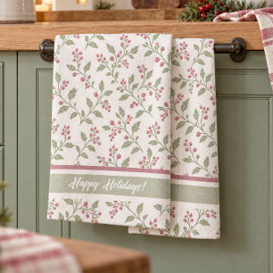 Wijnstok en Bes Kerst Patroon Cran Ivory ID1337 Theedoek