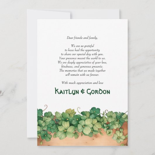 Wijnstok en hout rustieke St Patricks Day bruiloft Bedankkaart (Achterkant)