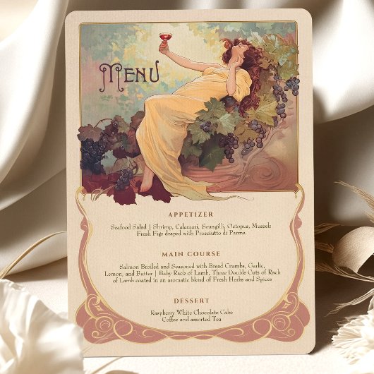 Wijnthema Art Nouveau Trouwdiner Menu Bloemen Kaart