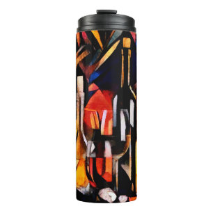 Wijnthema's in de stijl van het cubisme. Flessen, Thermosbeker