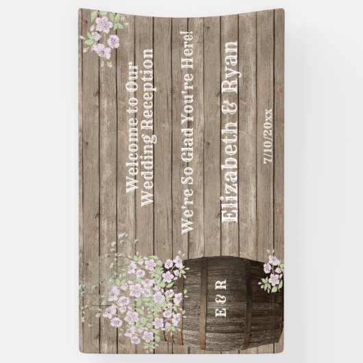 Wijnvat Country Rustic, Roze Bloemen, Custom Spandoek (Verticaal)