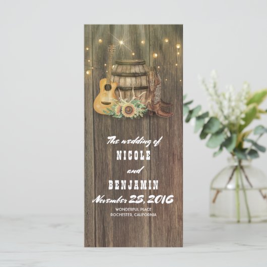 Wijnvat Cowboy laarzen Land Bruiloft Programma's (Staand voorkant)