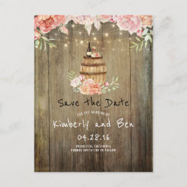Wijnvat en Roze Rustieke Bloemen Save the Date Aankondigingskaart