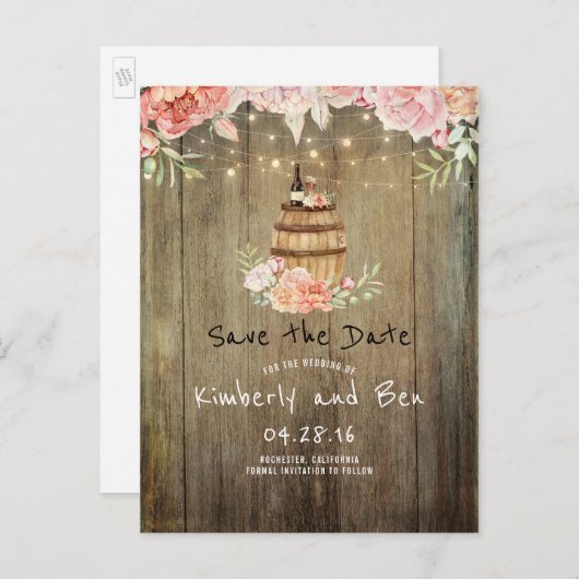 Wijnvat en Roze Rustieke Bloemen Save the Date Aankondigingskaart (Voorkant / Achterkant)