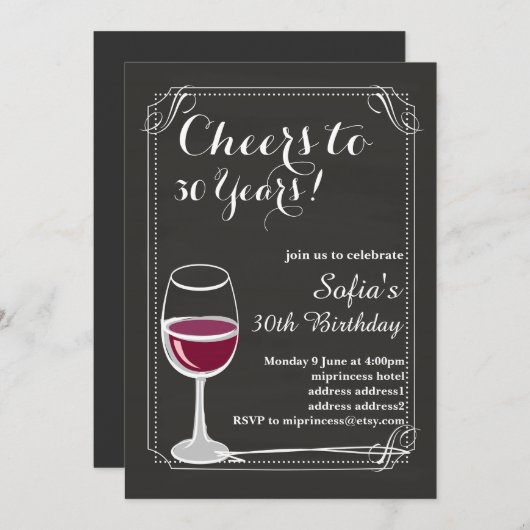 Wijnverjaardagsuitnodiging, Cheers tot elk jaar! Kaart (Voorkant / Achterkant)