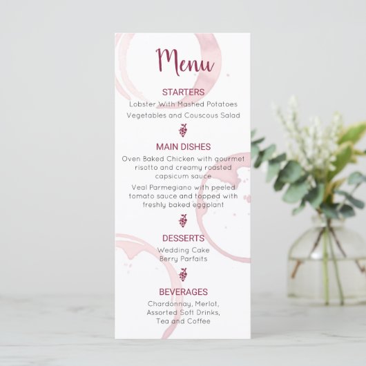 Wijnvlekken Bruiloft Menu (Staand voorkant)