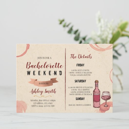 Wijnweekend bachelorette uitnodiging (Staand voorkant)