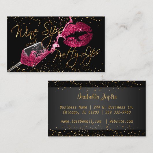Wijnzegels en lips - donkerroze visitekaartje (Voorkant / Achterkant)