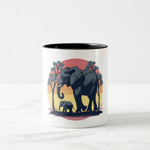 Wijs en Wild - Retro Olifantenfamilie Zonsondergan Tweekleurige Koffiemok