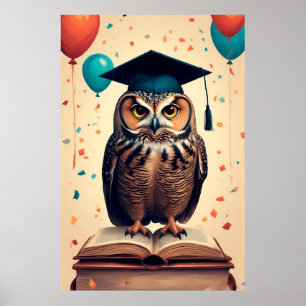 Wijsachtige uil met afstudeerhoed op een boek poster