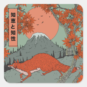 Wijsheid en intelligentie vintage Japanse vos kuns Vierkante Sticker