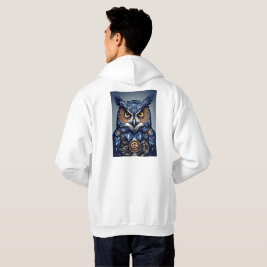 Wijsheid Geweven: Uil Portrait T-Shirt Hoodie" (Achterkant volledig)