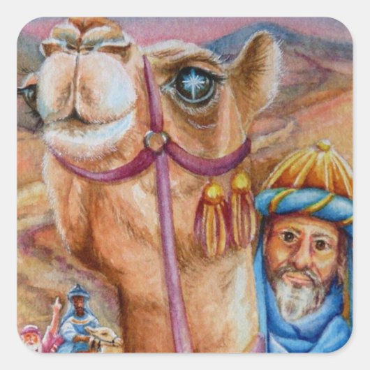 Wijze Mannen op camels Zie Star Waterverf Art Vierkante Sticker (Voorkant)