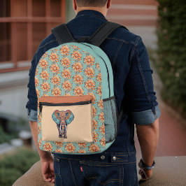 Wijze Olifant Turquoise Donkere Perzik Bloemen Mon Bedrukte Rugzak