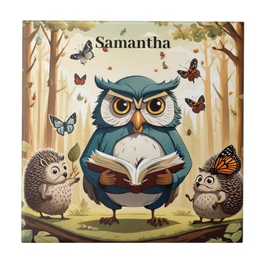Wijze oude uil, vlinders, egels Bewerkbare naam Tegeltje (Voorkant)