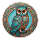 wijze turquoise uil keramische knop (Voorkant)