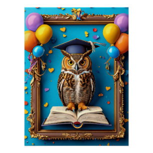 Wijze uil in afstudeerhoed poserend met boek perfect poster