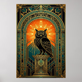 Wijze Uil Silhouet Art Deco Middennacht Goud Poster