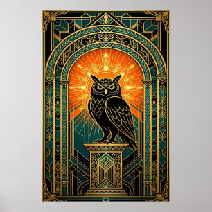Wijze Uil Silhouet Art Deco Middennacht Goud Poster