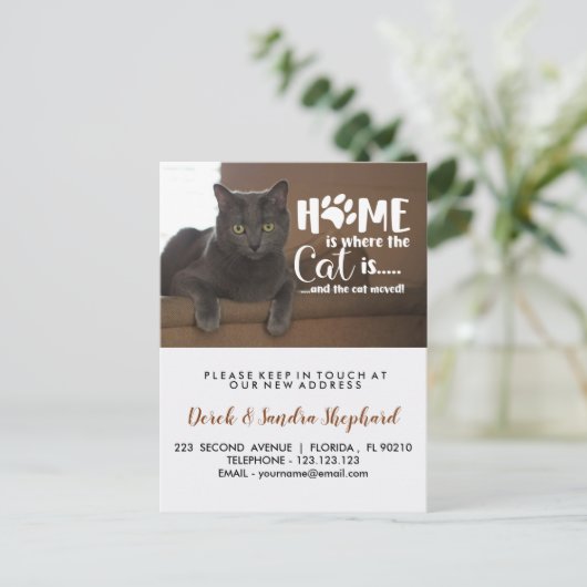 Wijzig adres met kattenbericht aankondigingskaart (Staand voorkant)