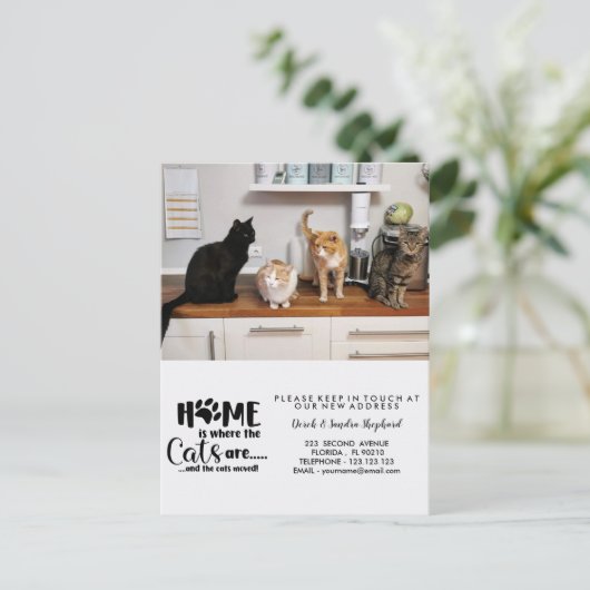 Wijzig adres met kattenbericht aankondigingskaart (Staand voorkant)