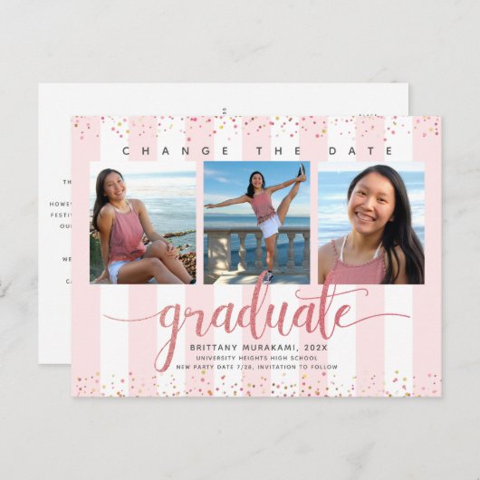 Wijzig datum roos gouden script afstuderen foto ch uitnodiging briefkaart (Voorkant / Achterkant)