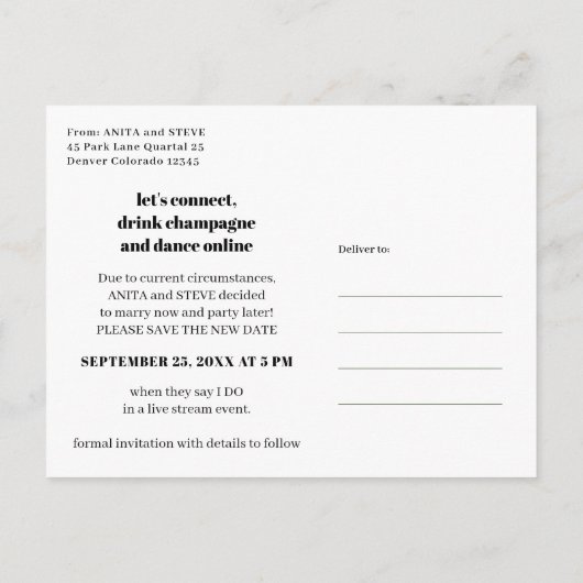 Wijzig datum wijziging van plannen virtuele bruilo aankondigingskaart (Achterkant)