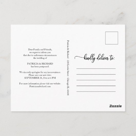 Wijzig de datum bruiloft uitgesteld elegant script briefkaart (Achterkant)