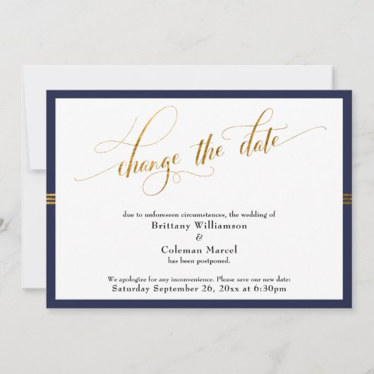 Wijzig de datum Elegant Navy w / Gold Stripe Kaart (Voorkant)