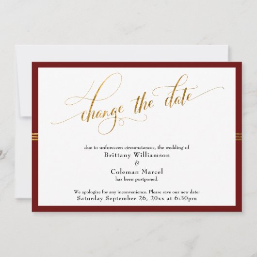 Wijzig de datum Elegant Rood met Gold Stripe Kaart (Voorkant)