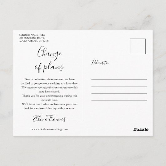 Wijzig de datum Foto Bruiloft Uitgesteld Briefkaart (Achterkant)