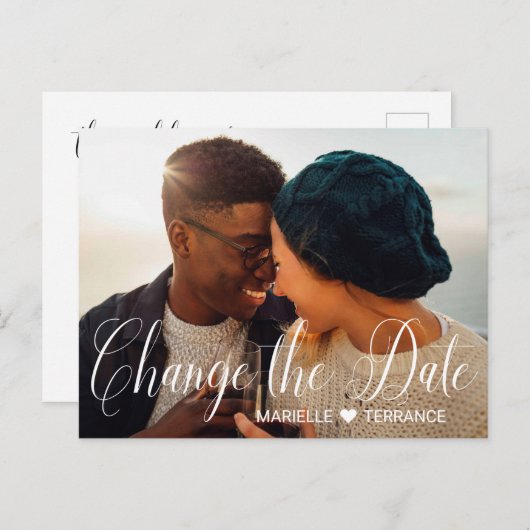 Wijzig de datum Foto Wit Script Bruiloft Briefkaart (Voorkant / Achterkant)