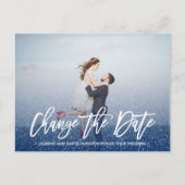 WIJZIG DE DATUM kalligrafie Glitter Blauwe foto Aankondigingskaart (Voorkant)