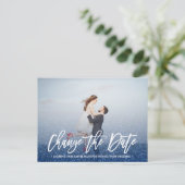 WIJZIG DE DATUM kalligrafie Glitter Blauwe foto Aankondigingskaart (Staand voorkant)