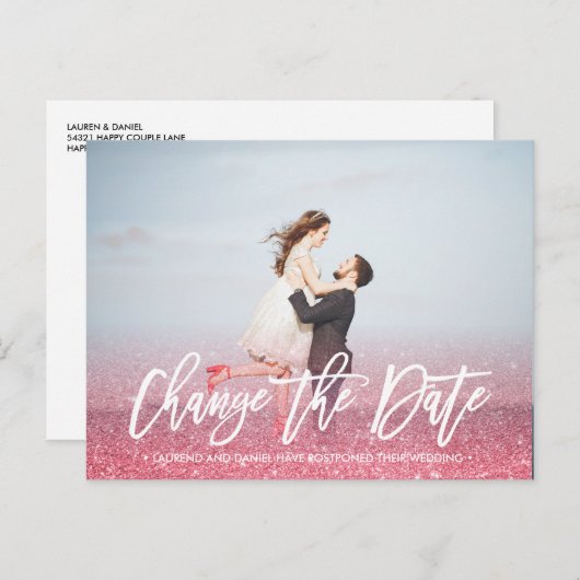 WIJZIG DE DATUM kalligrafie Glitter roze foto Aankondigingskaart (Voorkant / Achterkant)