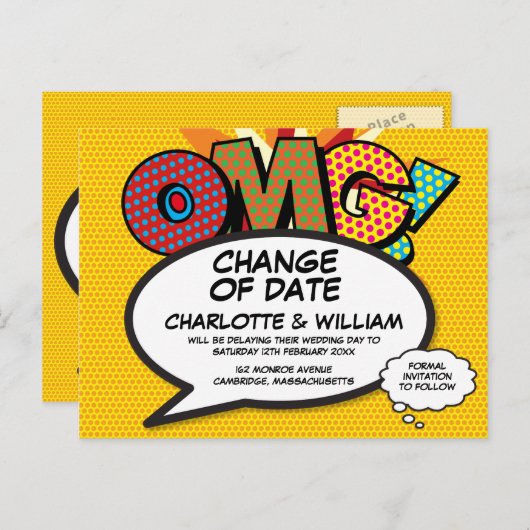 Wijzig de datum Modern Fun Comic Book Aankondigingskaart (Voorkant / Achterkant)