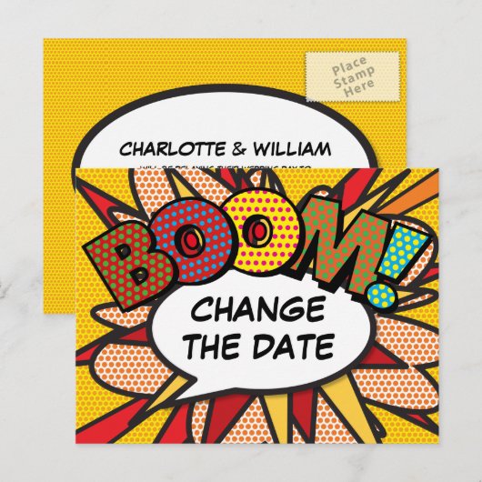 Wijzig de datum Modern Fun Comic Book Aankondigingskaart (Voorkant / Achterkant)