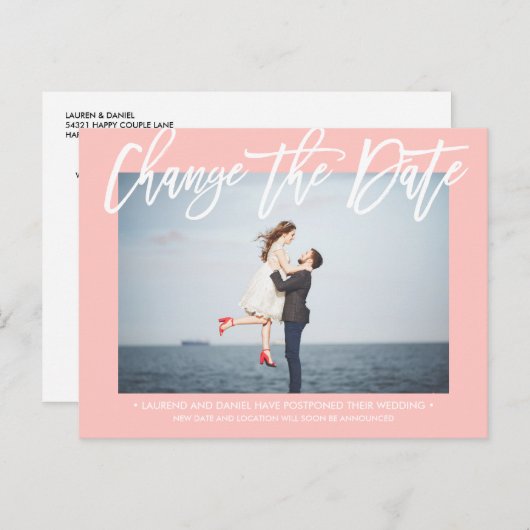 WIJZIG DE DATUM Moderne ROZE kalligrafie foto Aankondigingskaart (Voorkant / Achterkant)