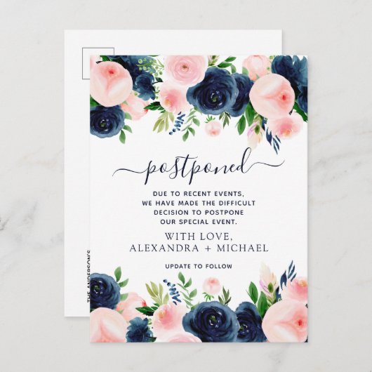 Wijzig de datum Navy Blue Blush Pink Floral Aankondigingskaart (Voorkant / Achterkant)