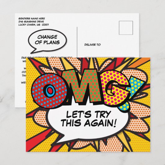 Wijzig de datum Nieuw Plan Modern Fun Comic Aankondigingskaart (Voorkant / Achterkant)