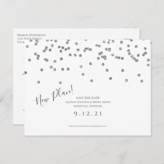 Wijzig de datum Save the date Silver Glitter Aankondigingskaart (Voorkant / Achterkant)