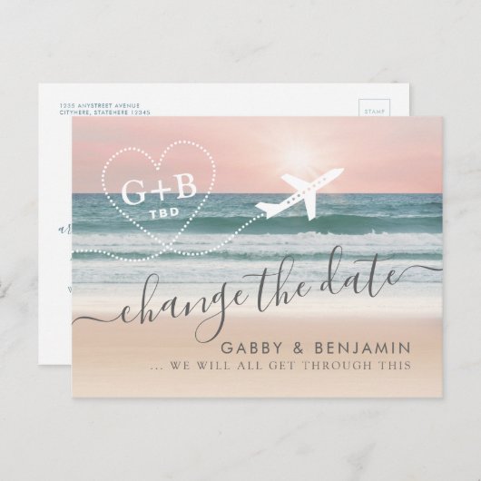 Wijzig de datum TBD Beach Wedding Briefkaart (Voorkant / Achterkant)