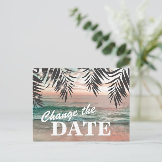 Wijzig de datum tropische strandbestemming aankondigingskaart (Staand voorkant)