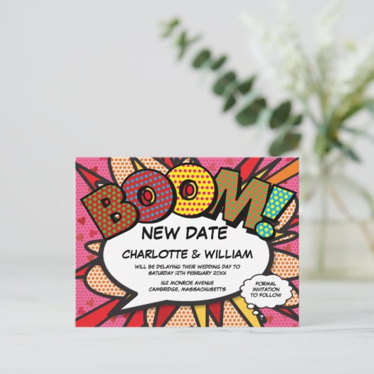 Wijzig de datum uitgestelde Fun Comic Book Aankondigingskaart (Staand voorkant)