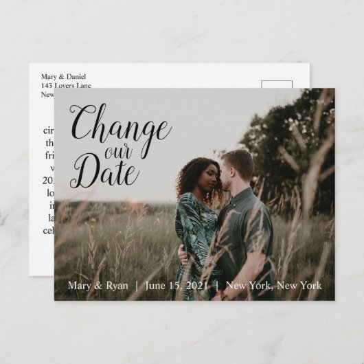 Wijzig onze datum | Huwelijksuitstel kalligrafie Briefkaart (Voorkant / Achterkant)